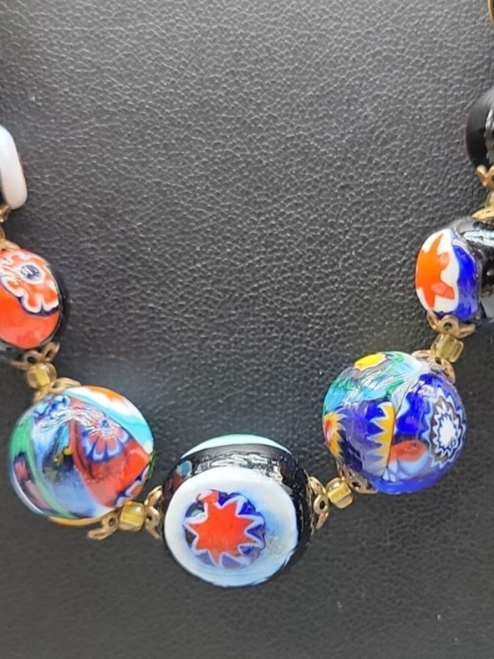 Antique Venetian Millefiori Murano Glass Bead Necklace 23" Graduated Black 16mm - Picture 3 of 16